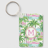 Preppy Pink und Green Tropical Palm Trees Monogram Schlüsselanhänger (Vorderseite)
