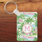 Preppy Pink und Green Tropical Palm Trees Monogram Schlüsselanhänger (Vorderseite)