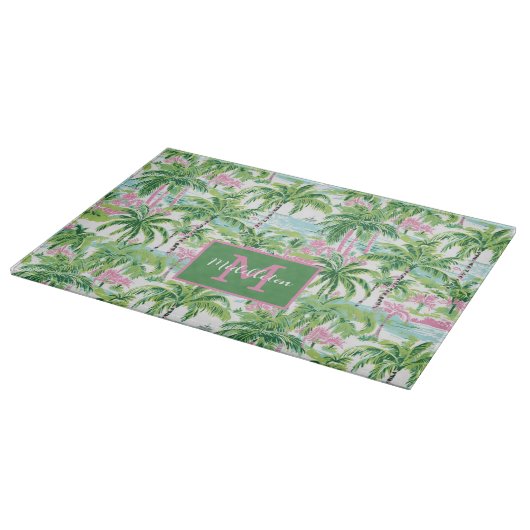 Preppy Pink und Green Tropical Palm Trees Monogram Schneidebrett (Ecke)