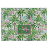 Preppy Pink und Green Tropical Palm Trees Monogram Schneidebrett (Vorderseite)