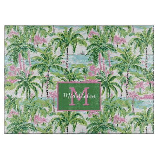 Preppy Pink und Green Tropical Palm Trees Monogram Schneidebrett (Vorderseite)
