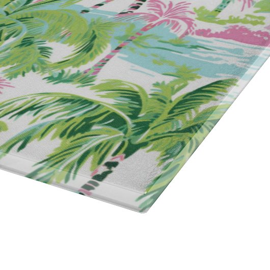 Preppy Pink und Green Tropical Palm Trees Monogram Schneidebrett (Ecke)