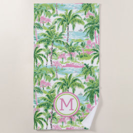 Preppy Pink und Green Tropical Palm Trees Monogram Strandtuch