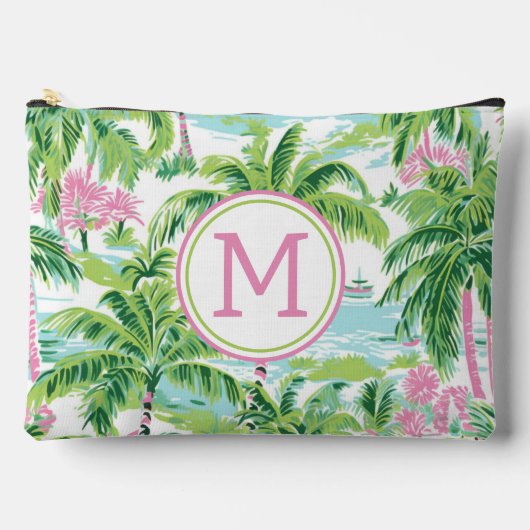 Preppy Pink und Green Tropical Palm Trees Monogram Zubehörtasche (Vorderseite)