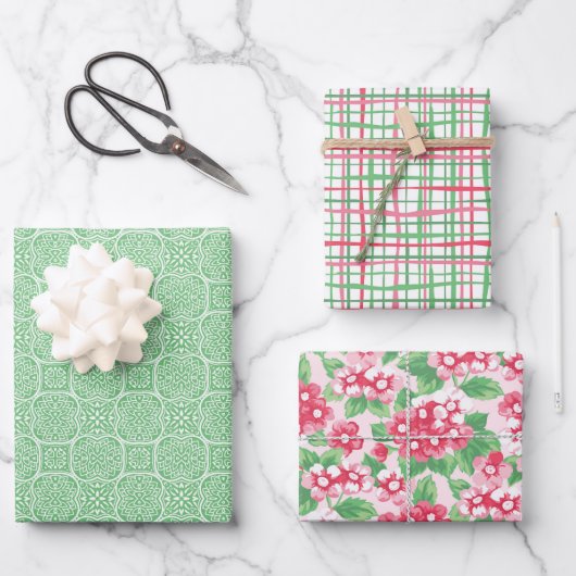 Preppy Pink und Green Wrapping Paper (Set 3) Geschenkpapier Set (Vorderseite)