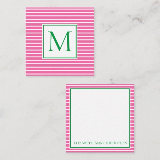 Preppy-Pink und White Strip mit grüner Monogramm Mitteilungskarte (Vorne/Hinten)