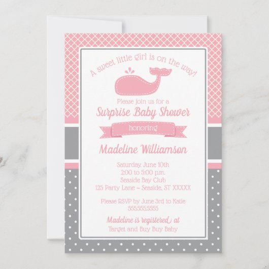 Preppy Pink Whale Baby Shower Einladung (Vorderseite)