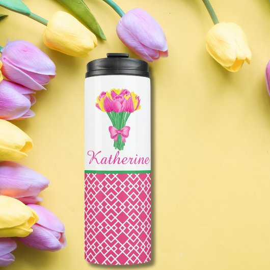 Preppy Pink & Yellow Tulip Bouquet mit Bogen, Name Thermosbecher
