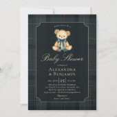 Preppy Plaid Tartan Teddy Bow Coed Boy Baby Shower Einladung (Vorderseite)