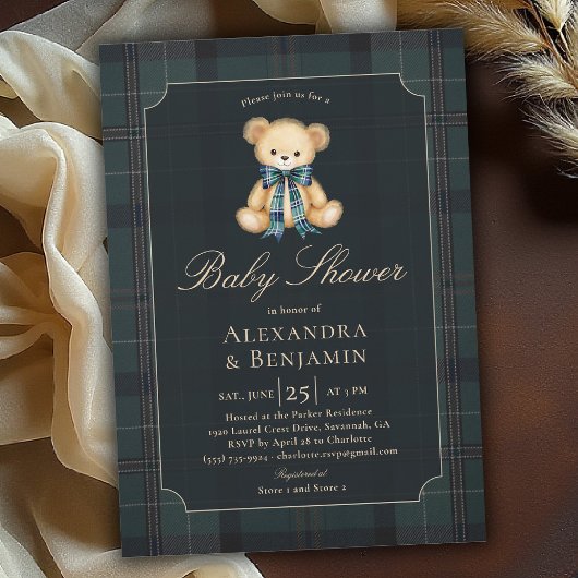 Preppy Plaid Tartan Teddy Bow Coed Boy Baby Shower Einladung