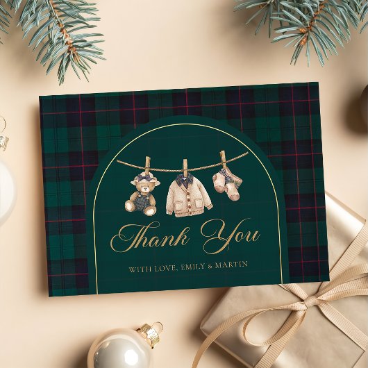 Preppy Plaid Teddy Bear Baby Shower Thank You Card Dankeskarte