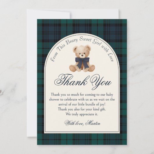 Preppy Plaid Teddy Bear Birthday Thank You Card Dankeskarte (Vorderseite)