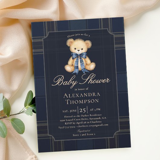 Preppy Plaid Teddy Bear Bow Blue Boy Baby Shower Einladung