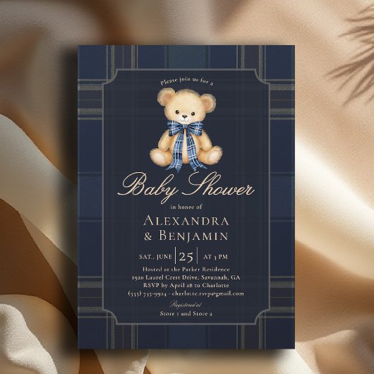 Preppy Plaid Teddy Bow Blue Coed Boy Baby Shower Einladung