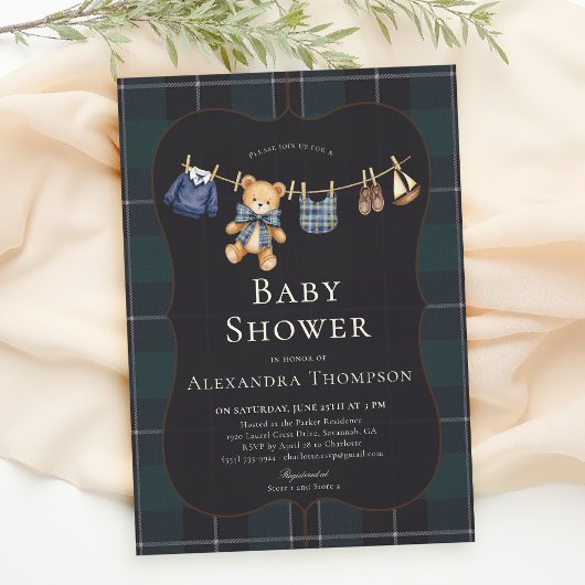 Preppy Plaid Teddy Bow Clothesline Boy Baby Shower Einladung