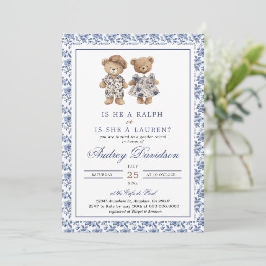 Preppy Polo Bear Chinoiserie Floral Gender Reveal  Einladung (Stehend Vorderseite)