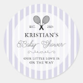 Preppy Purple Tennis Theme Chic Baby Shower Runder Aufkleber (Vorderseite)