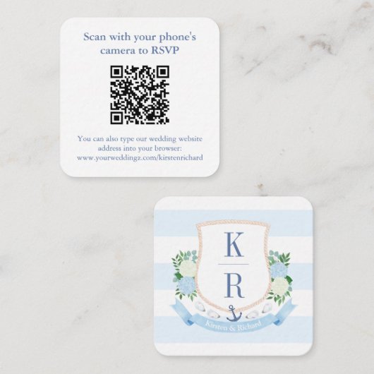 Preppy QR Code Coast Monogram Wedding RSVP Begleitkarte (Vorne/Hinten)