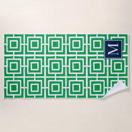 Preppy Quadratgitter-Monogramm – Grün & Navy Strandtuch