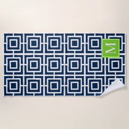 Preppy-Quadratgitter-Monogramm – Marineblau & Lime Strandtuch