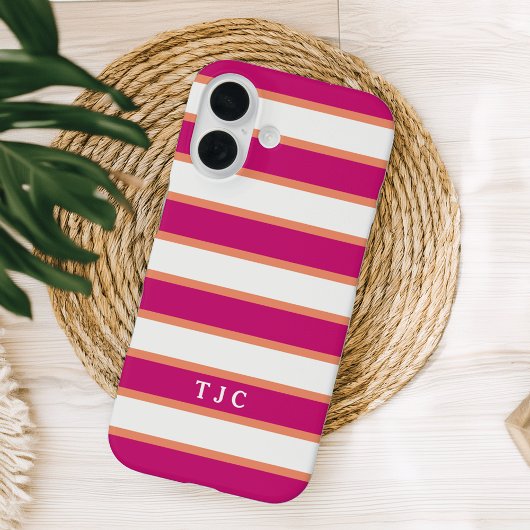 Preppy Raspberry Pink Stripe Monogram Case-Mate iPhone Hülle