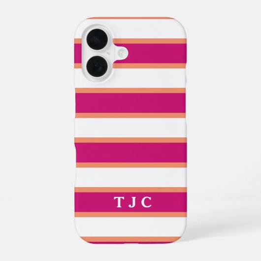 Preppy Raspberry Pink Stripe Monogram iPhone 16 Hülle (Rückseite)