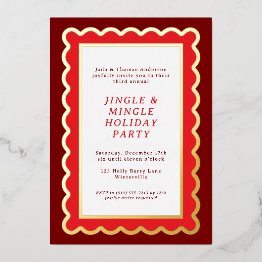 Preppy Red and White Simple Scallop Weihnachten Folieneinladung (Vorderseite)