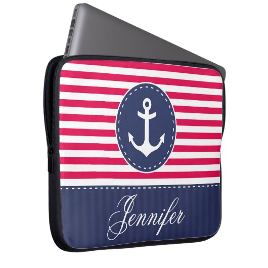 Preppy Red Navy Nautic Anchor Individuelle Name Laptopschutzhülle (Vorne Rechts)