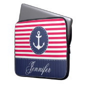 Preppy Red Navy Nautic Anchor Individuelle Name Laptopschutzhülle (Vorderseite Links)