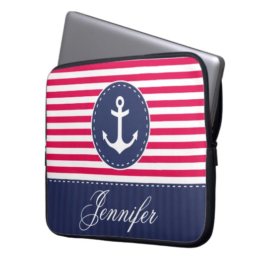 Preppy Red Navy Nautic Anchor Individuelle Name Laptopschutzhülle (Vorderseite Links)