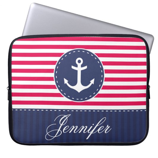 Preppy Red Navy Nautic Anchor Individuelle Name Laptopschutzhülle (Vorderseite)