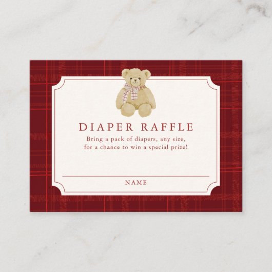 Preppy Red Plaid Teddy Bear Diaper Raffle Begleitkarte (Vorderseite)