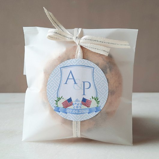 Preppy Red White Blue Flag Wedding Wappen Gefallen Quadratischer Aufkleber