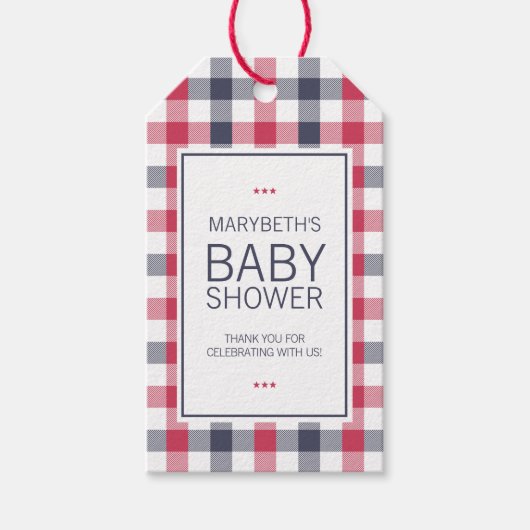 Preppy Red, White & Blue Kariert Baby Dusche Geschenkanhänger (Vorderseite)