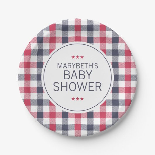 Preppy Red, White & Blue Kariert Baby Dusche Pappteller (Vorderseite)