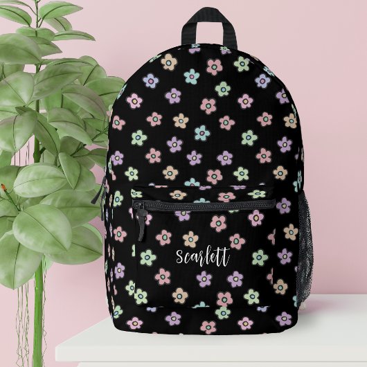 Preppy Retro Groovy Floral Black Monogram Bedruckter Rucksack