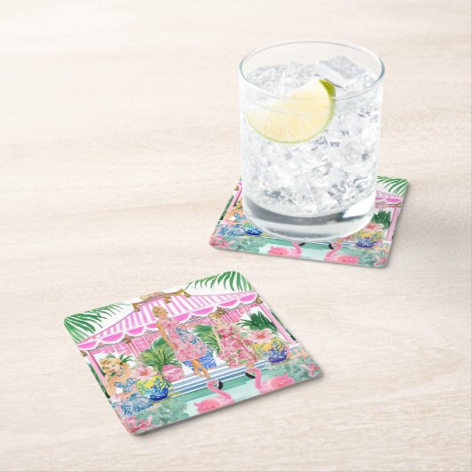 Preppy Retro Palm Beach Pool Party Rechteckiger Pappuntersetzer (Vor Ort)