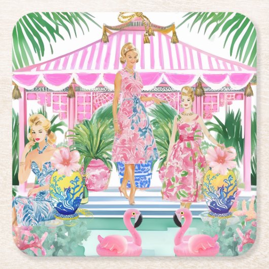 Preppy Retro Palm Beach Pool Party Rechteckiger Pappuntersetzer (Vorderseite)