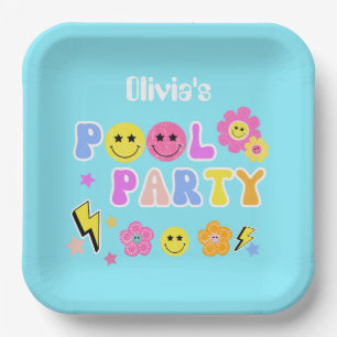 Preppy Retro Y2K Pool Party Happy Face Geburtstag Pappteller