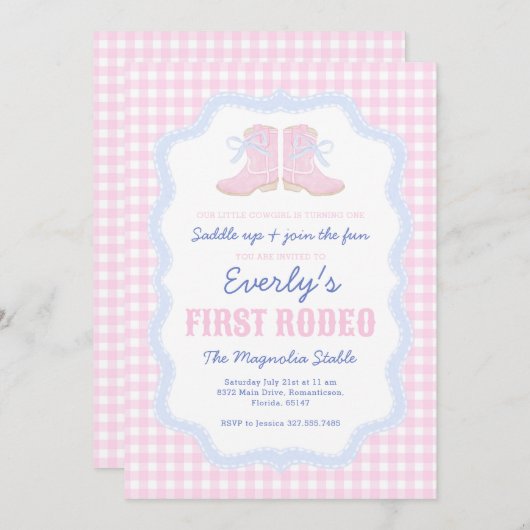 Preppy Rodeo First Birthday Cowgirl Boots Einladung (Vorne/Hinten)