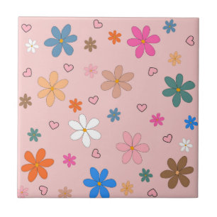 Preppy Rosa Farbige Blumen Herz Y2K Muster Fliese