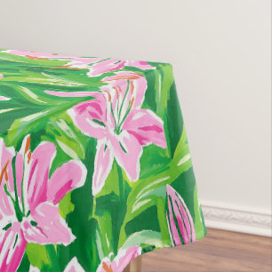 Preppy Rosa Lilien Blumen Grüne Pflanzen Chic Gart Tischdecke