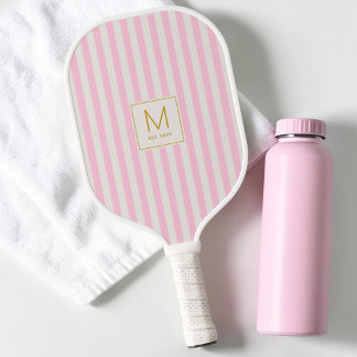 Preppy Rosa Streifen Einfaches Gold Initialen Mono Pickleball Schläger