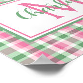 Preppy-Rosa und Grün kariertes Monogramm Poster (Ecke)