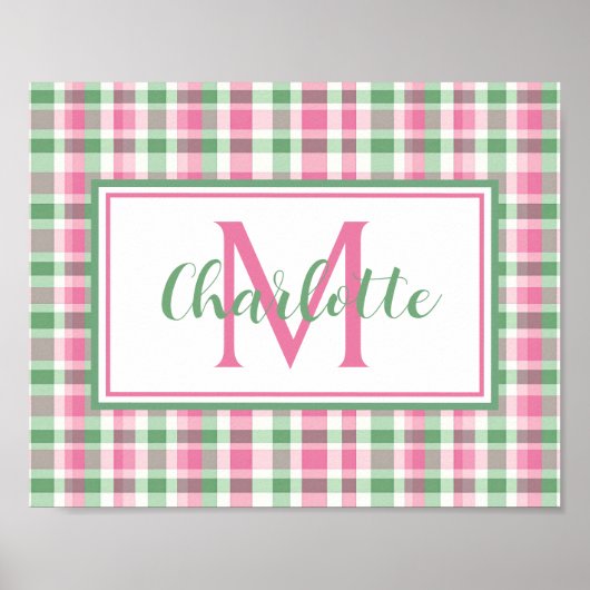 Preppy-Rosa und Grün kariertes Monogramm Poster (Vorne)