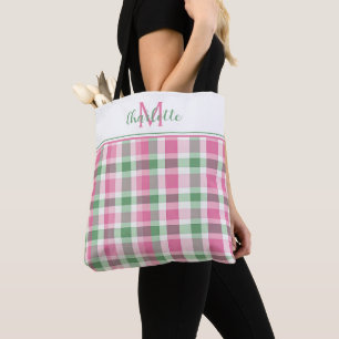 Preppy-Rosa und Grün kariertes Monogramm Tasche