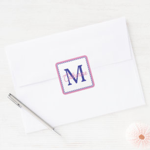 Preppy Rosa und Marineblau Einfaches Monogramm Quadratischer Aufkleber
