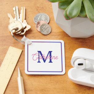 Preppy Rosa und Marineblau Einfaches Monogramm Schlüsselanhänger