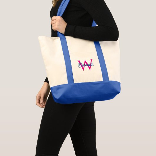 Preppy Rosa und Marineblau Monogramm Tragetasche (Vorderseite (Produkt))