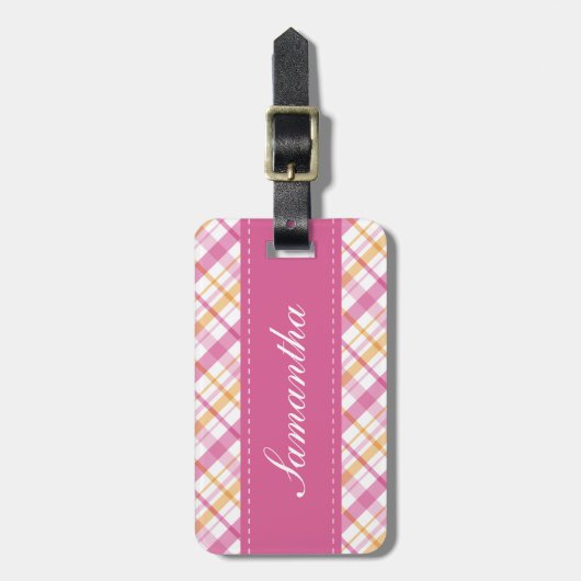 Preppy rosa und orange kariertes Muster Gepäckanhänger (Vorderseite vertikal)